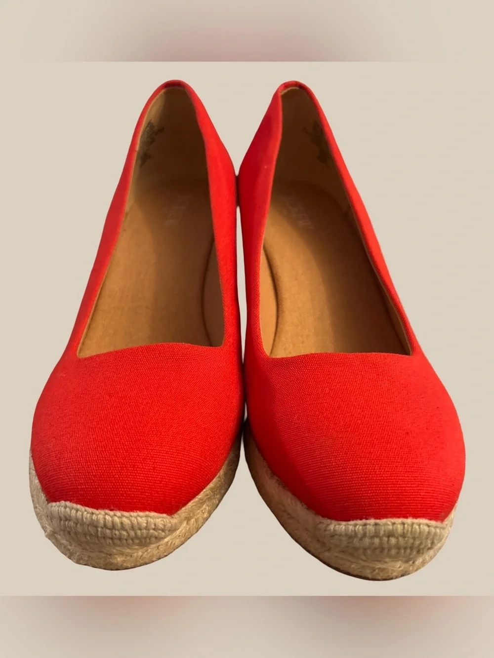J. Crew Seville Red Canvas Espadrille Wedge Heels Closed Round Toe Flame SZ 9
